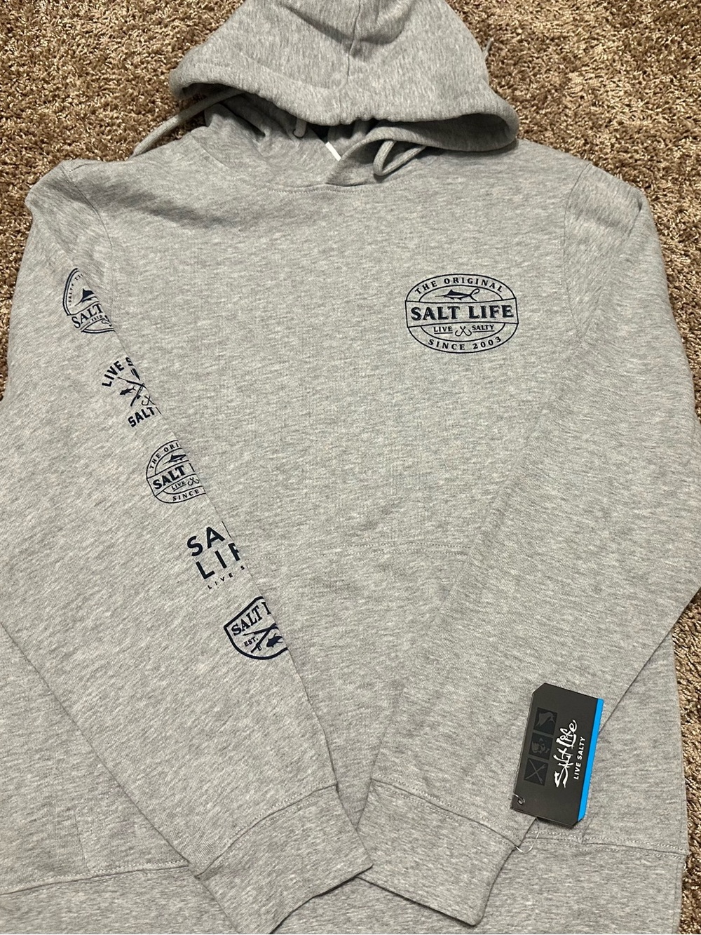 Salt Life Men’s Gray Hoodie with Navy Logo Accents